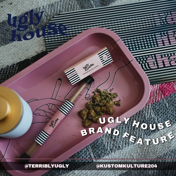 Ugly House Brand Feature blog photo pink dab kit with rolling paper pre-rolled cones pink metal rolling tray white stash jar Kustom kulture ugly house