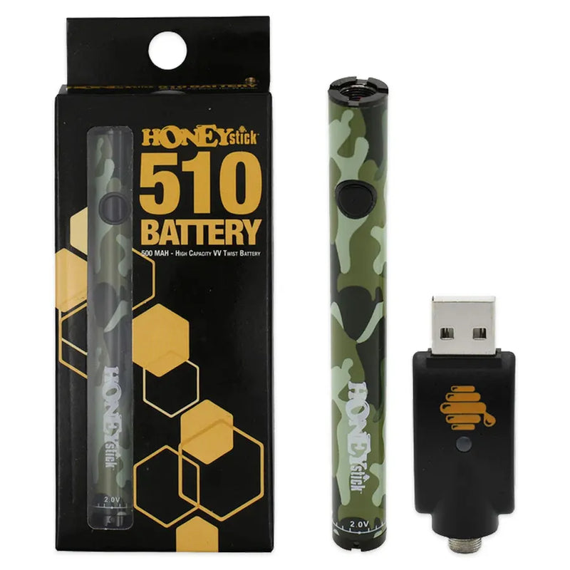HoneyStick's Twist 510 Threaded Battery in a camo colour. Display retail box containing the camo battery. Camo battery next to it with mini usb threaded charger.