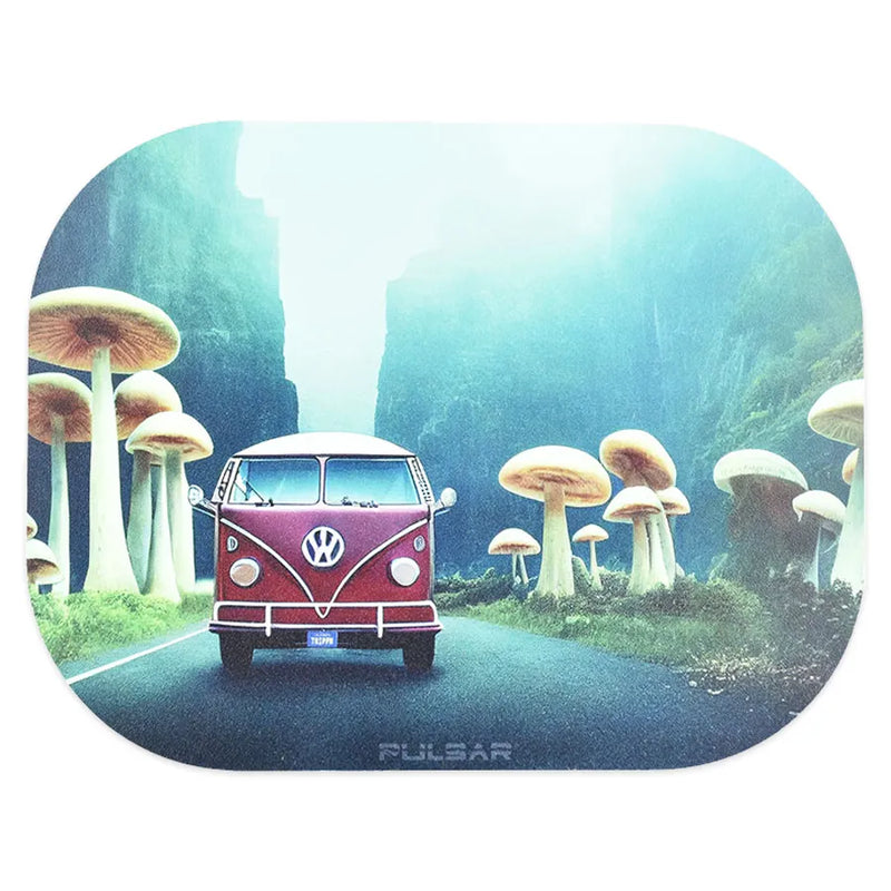 Pulsar's Camper Van Shroom Trip Metal Rolling Tray's Lid. The artwork depicts an old school bus travelling through a grand valley of mushrooms.