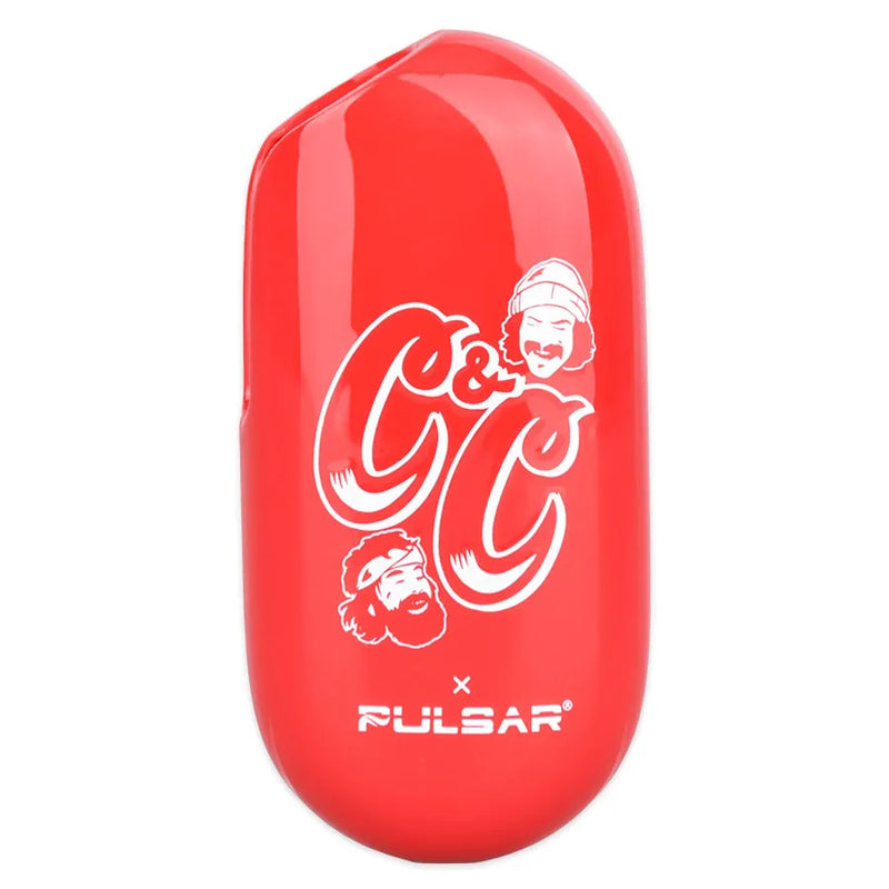 Cheech & Chong's and Pulsar collaboration for the Obi Auto-Draw 650mAh battery. The Red colour-way showcases the short version of the Cheech & Chong logo. A C&C in their signature font. Pulsar logo on the bottom and faces of both Cheech and Chong above and below the C&C script.