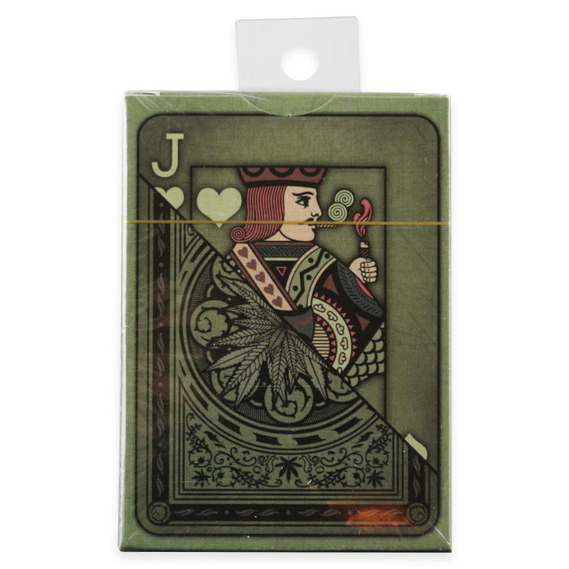 A sealed package of the aces high weed playing cards. Showcasing a jack of hearts that is smoking a joint and a weed leaf printed back side.