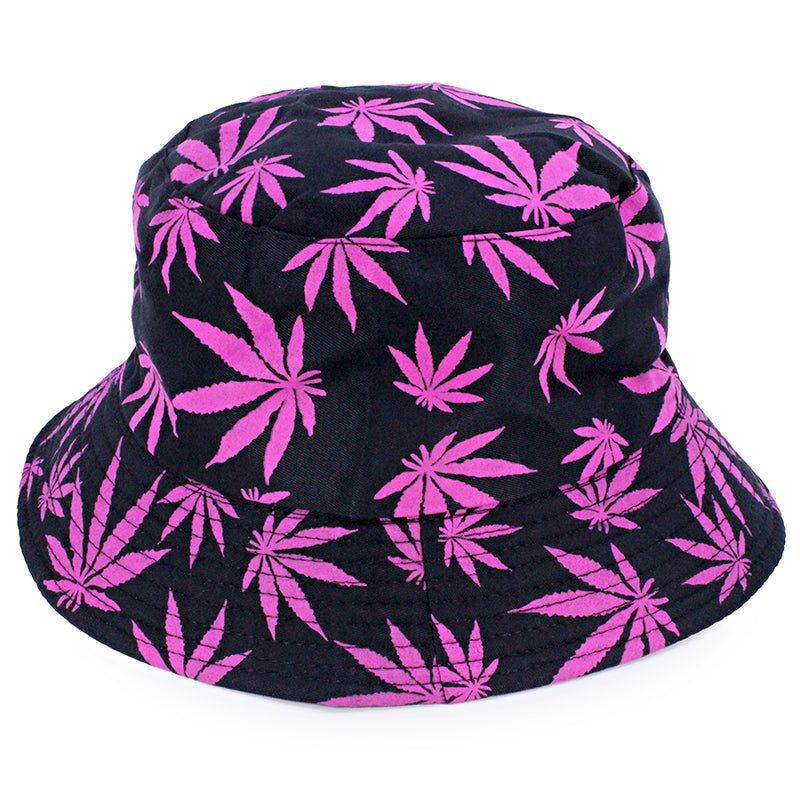 Bucket Hat w/ Hemp Leaf Print - Black & Pink