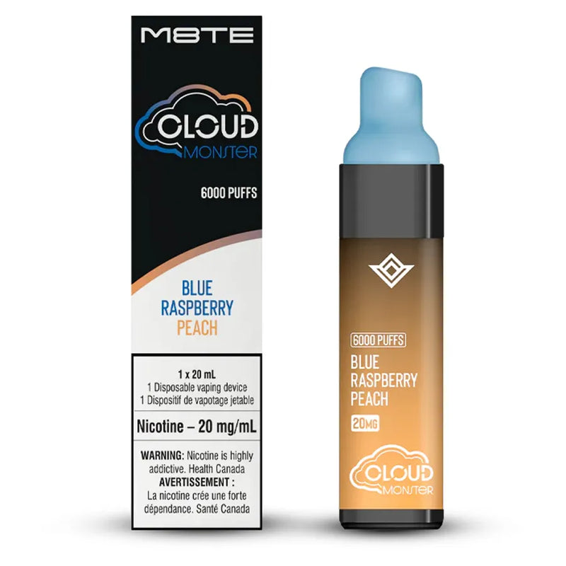 M8te's Cloud Monster disposable vaporizer. A tall rectangle looking vaporizer with a silicone mouthpiece. In a Blue Raspberry Peach flavour. The display box next to it shows the retail packaging. 1 x 20mL vaporizer. Nicotine level of 20mg/ml.