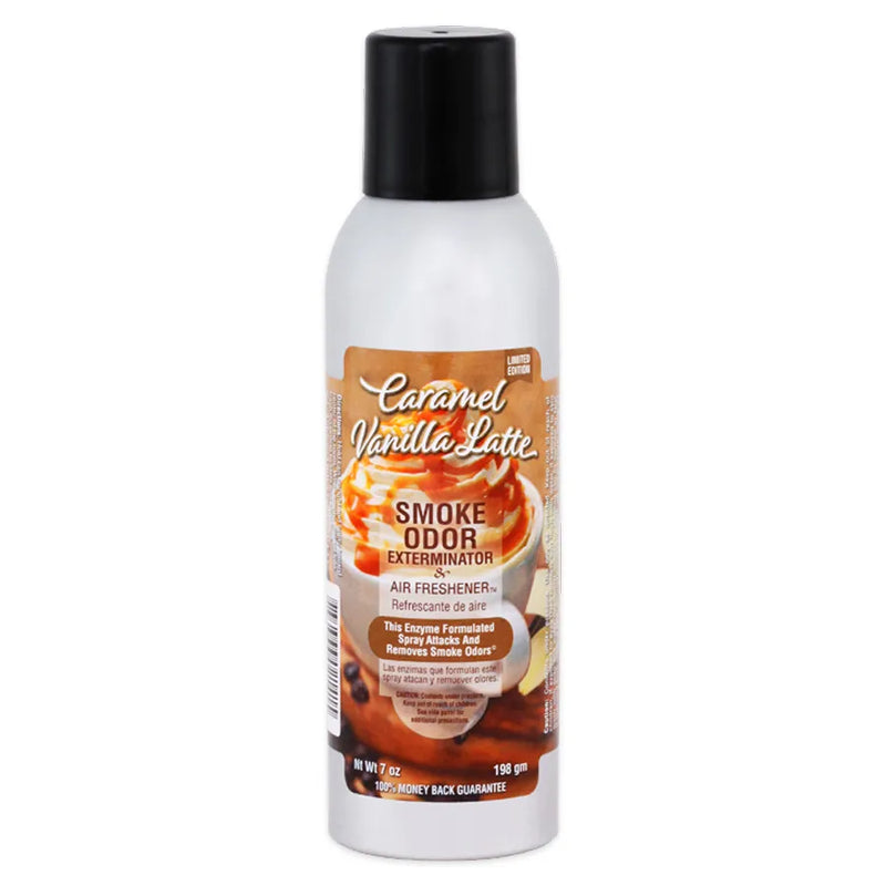 Smoke Odor's 7oz Exterminator Spray bottle. A silver bottle with a black lid. The sticker label has a mug full of vanilla latte with whip cream on top and a caramel drizzle. Vanilla beans and leaves are on the left and right side of the mug.