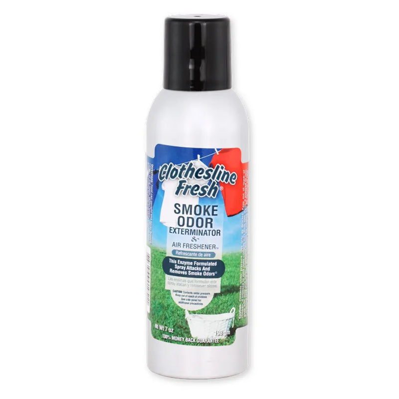 Smoke Odor's 7oz Exterminator Spray. Silver bottle with black cap. Smoke Odor's branded sticker has a green grassy landscape with a blue, white, and red t-shirt hanging on a clothesline.