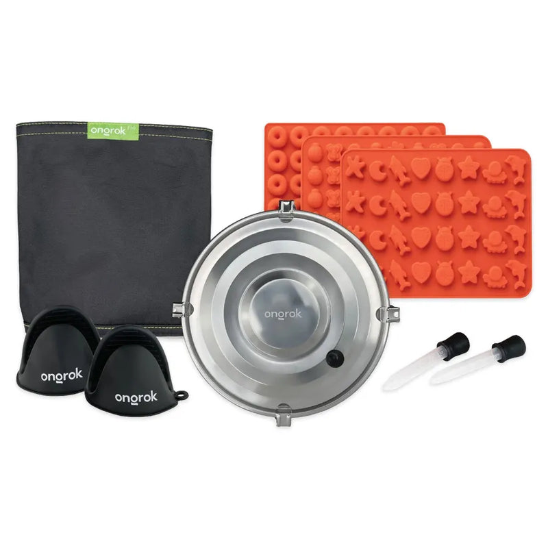 Ongrok's decarboxylation kit. Showcasing a 3-pack of mini molds, 2 liquid droppers, 2 hot oven mitts, a storage bag, and a stainless steel container.