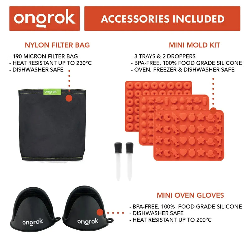 Ongrok's decarboxylation kit showcased in a graphic. Explaining the mini mold kit, mini oven gloves, and nylon filter bag.