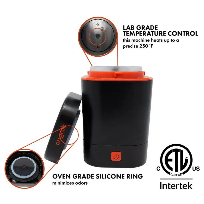 A graphic of Ongrok's Decarboxylator Machine showcasing the features of lab grade temperature control, and an oven grade silicone ring.