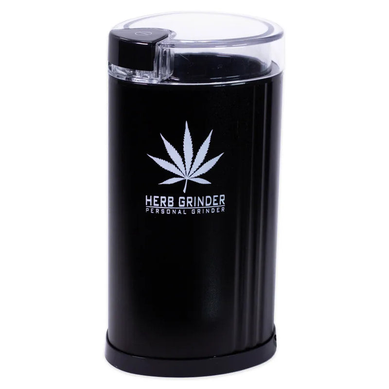 Version 2 of the Electric Herb Grinder. A more sleek and modern design. Weed leaf decal with the words Herb Grinder Professional Grinder on the base. Metallic black colour and matching power button.