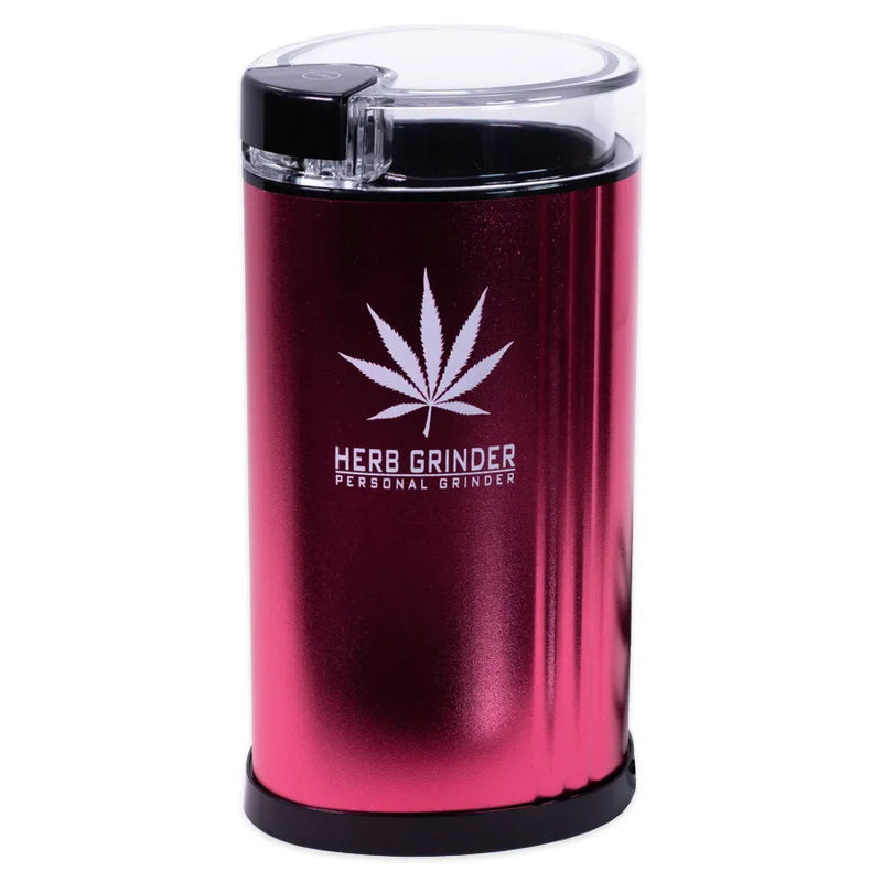 Version 2 of the Electric Herb Grinder. A more sleek and modern design. Weed leaf decal with the words Herb Grinder Professional Grinder on the base. Metallic red colour and black power button.