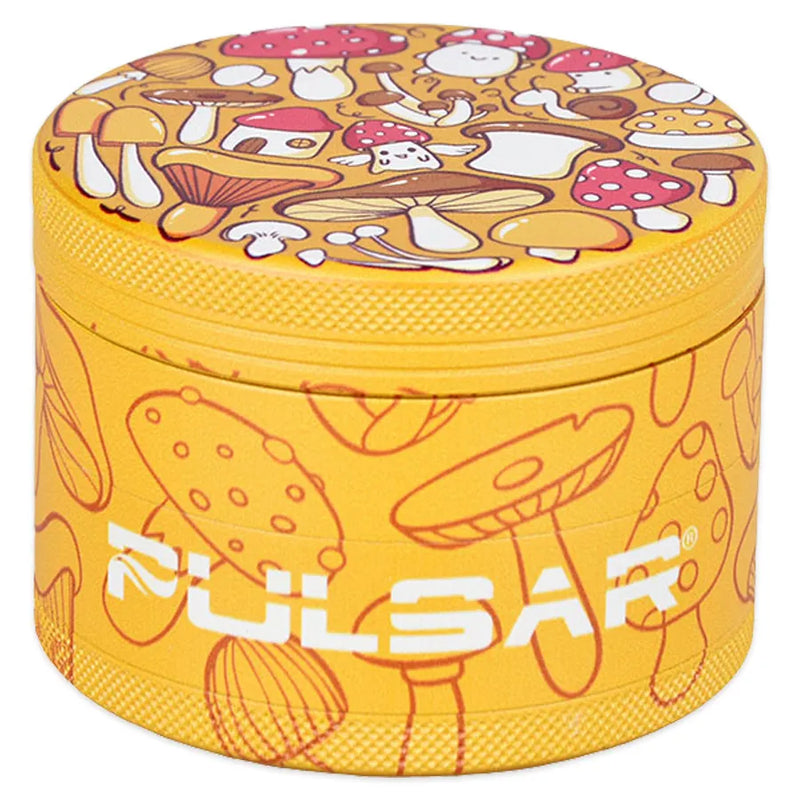 Pulsar's Design Series Metal Grinder featuring the FUNgi design, depicting a wide array of mushroom species, some with friendly smiles, with matching side art. Closed grinder.