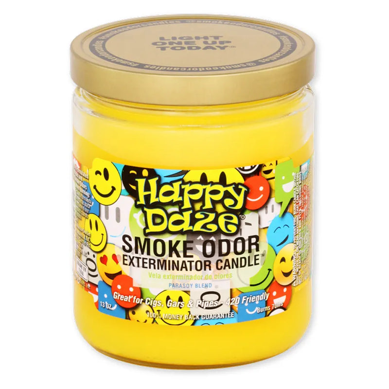 Smoke Odor's 13oz jar candle in a Happy Daze scent. Yellow wax, gold lid, glass jar. Smoke Odor branded sticker features various different coloured smiley faces.