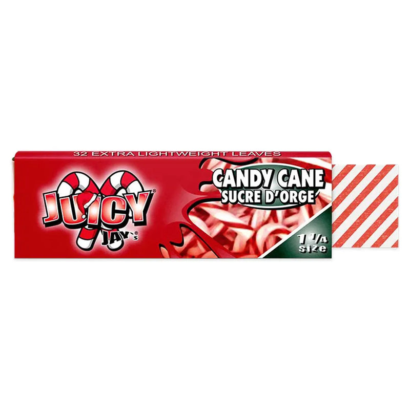 Juicy Jay's Candy Cane flavoured rolling papers. Rolling paper pack with striped red and white rolling paper poking out. Red paper pack with candy cane accents. 1.25 inch sizing.