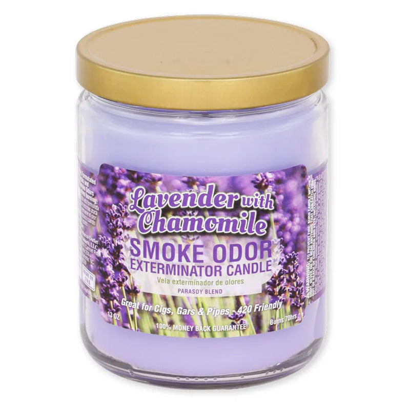 Smoke Odor's 13oz Exterminator Candle in the Lavender with Chamomile scent. A pastel purple wax colour with a gold lid. The sticker label shows a purple lavender bush.