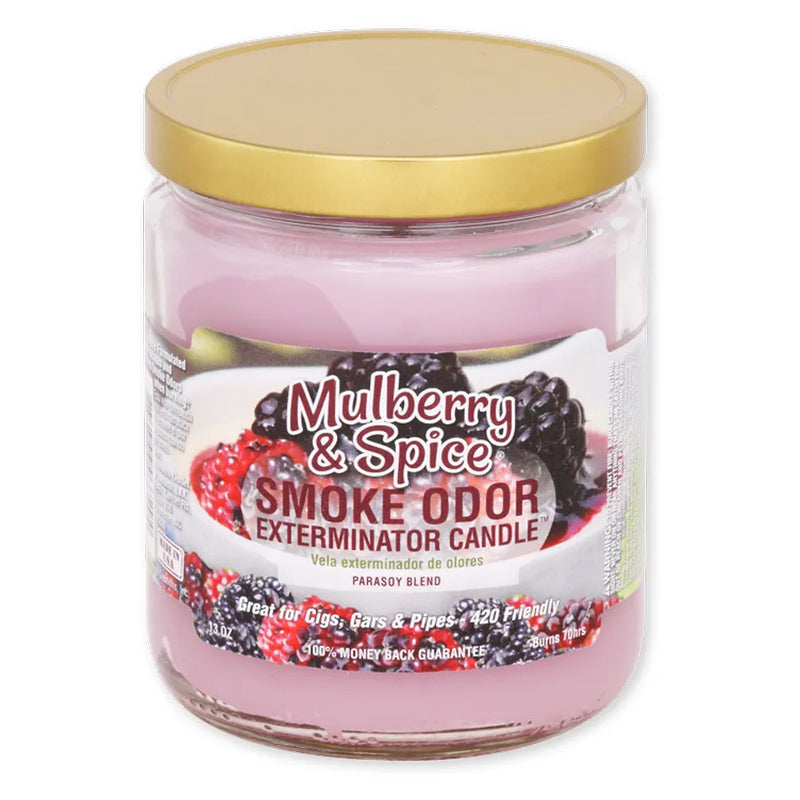 Smoke Odor's 13oz Jar Candle. In a Mulberry & Spice Scent. Light purple wax colour, gold lid, glass jar. The Smoke Odor branded sticker features blackberries and raspberries in a jam on a white plate.