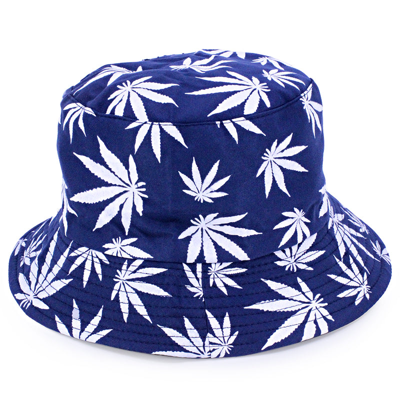 Bucket Hat w/ Hemp Leaf Print - Navy & White