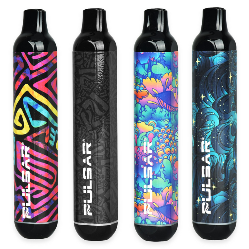 Pulsar 510 DL Auto Draw Variable Voltage Battery with a 320mAh capacity. Showcasing all 4 colour options. Neon Shrooms, Pulsar Camo, Space Dust, Tribe Vibe.
