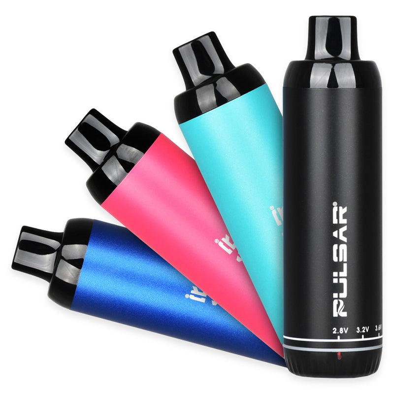 Pulsar's 510 DL 3.0 Variable Voltage Battery. All 4 colours fanned out showcasing the battery and the voltage adjustment dial on the bottom. Black, Coral, Mint, and Sapphire Blue.