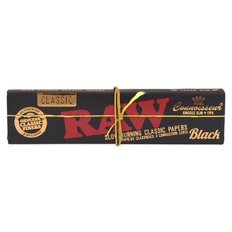 RAW - Black - Connoisseur King Size Slim Rolling Papers with Tips - Display Box of 24