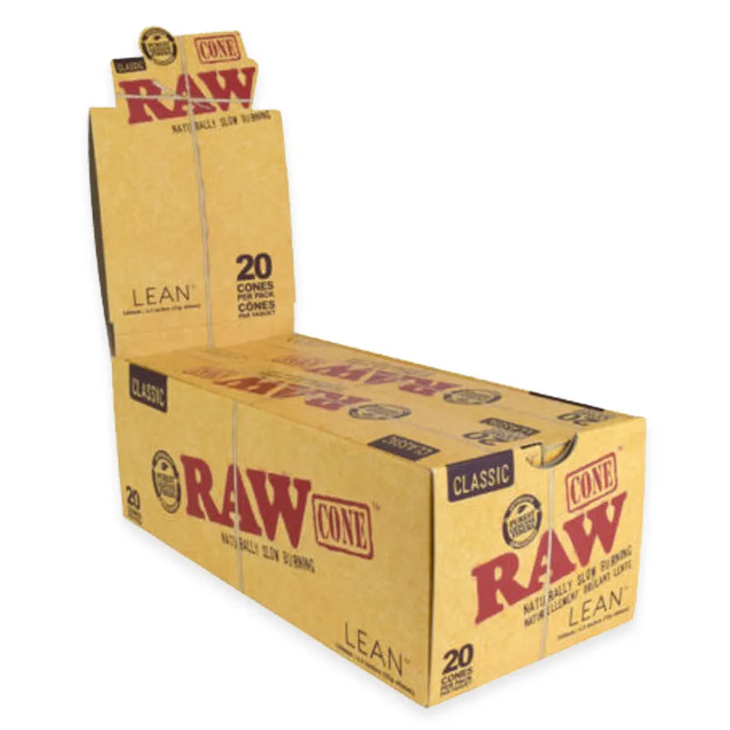 RAW Classic Cones in Lean sizing. Open retail display box. 20 cones per pack and 12 packs per box.
