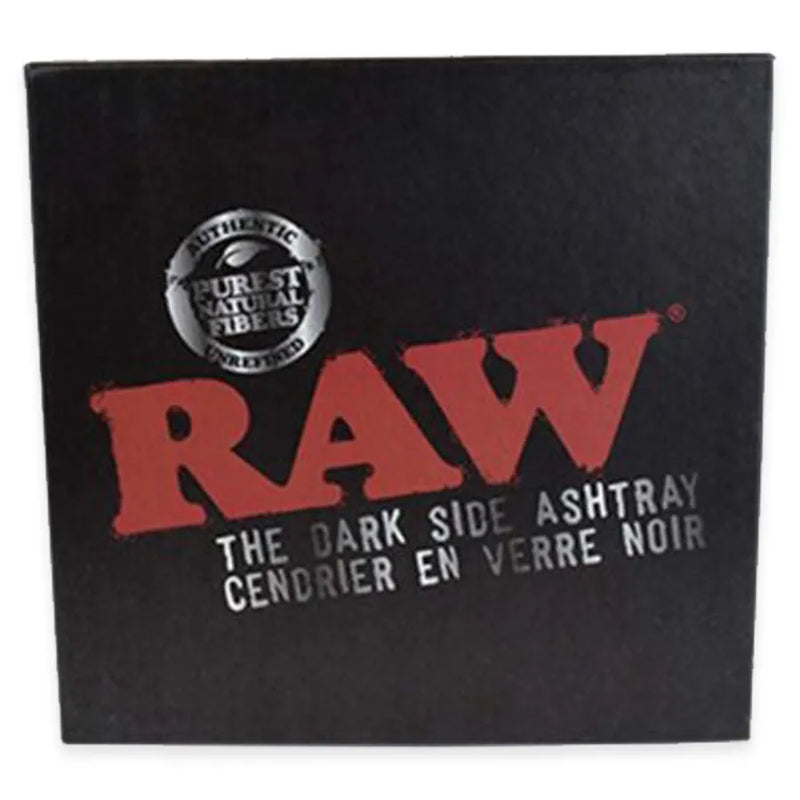 RAW's Dark Side Glass Ashtray display box. a Black RAW box with silver accents.
