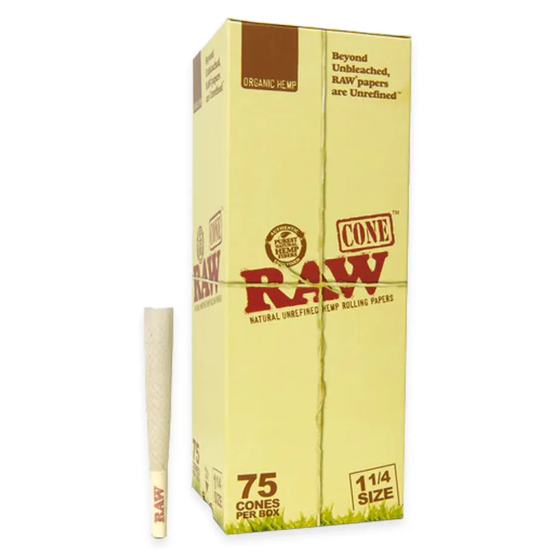 RAW Organic Hemp 1.25-inch cones. A tall rectangular box of 75 cones. An empty cone is shown right next to the box showcasing the organic hemp paper and the RAW branded filter.