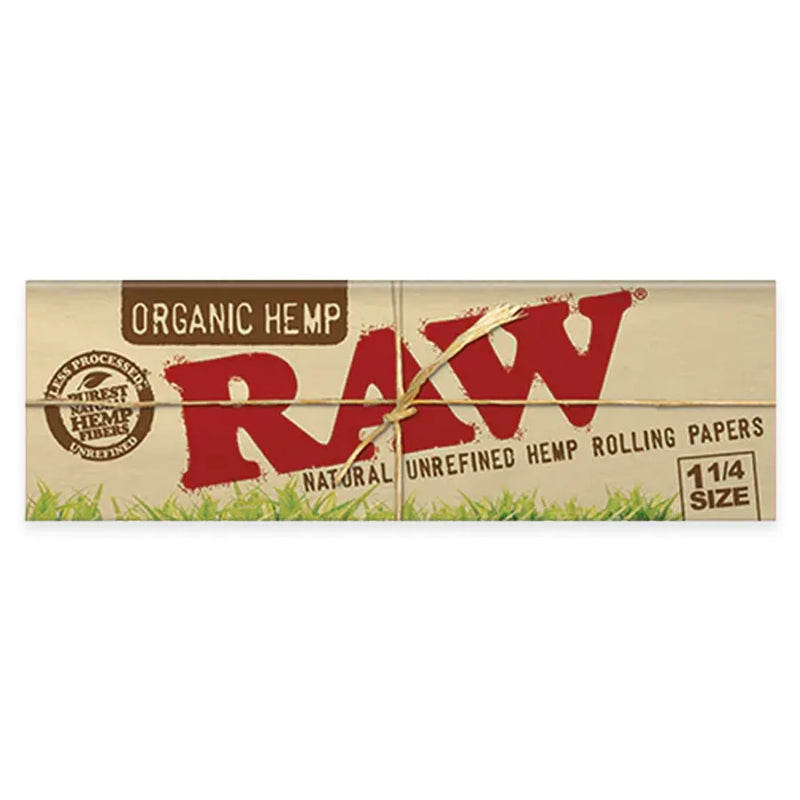 RAW's Organic Hemp Rolling Papers. 1.25-inch sizing. Paper package showcasing classic RAW labelling with grass at the bottom of front cover.