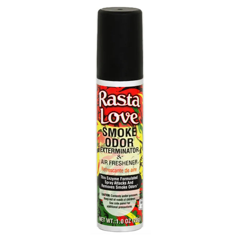 Smoke Odor's 1oz exterminator spray in a Rasta Love scent. Silver bottle, black cap. The Smoke Odor branded sticker features a Rasta colour scheme with cloud decals throughout.