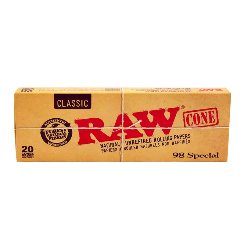 RAW Classic Cones in the 98 special sizing. Closed rectangular package containing 20 98 special cones.