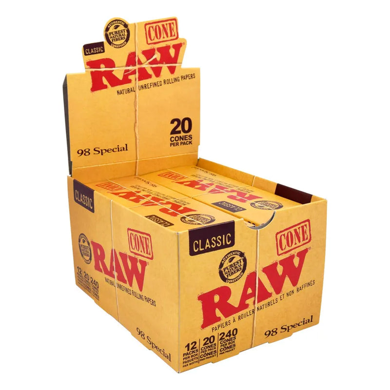 RAW Classic Cones in the 98 special sizing. The retail display box showing 12 packs, with 20 cones per pack.