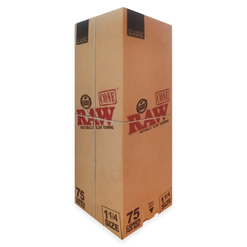RAW Classic 1.25-inch cones. A tall rectangular box of 75 cones.