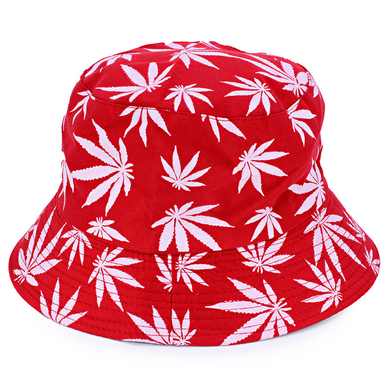 Bucket Hat w/ Hemp Leaf Print - Red & White