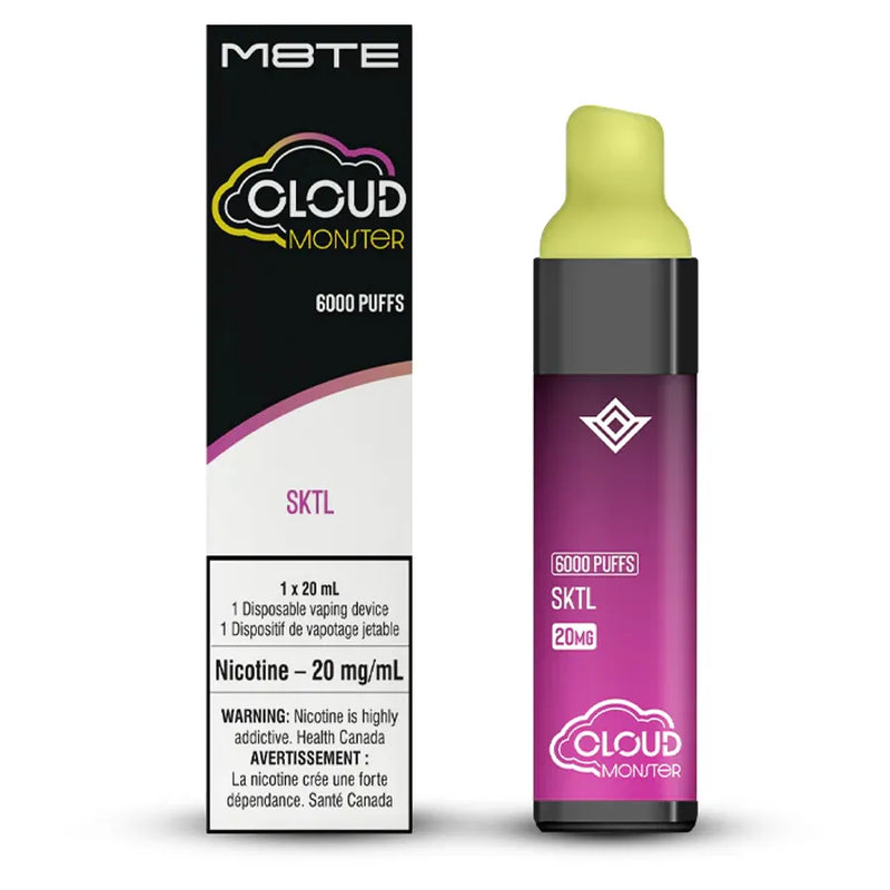 M8te's Cloud Monster disposable vaporizer. A tall rectangle looking vaporizer with a silicone mouthpiece. In a Sktl flavour. The display box next to it shows the retail packaging. 1 x 20mL vaporizer. Nicotine level of 20mg/ml.