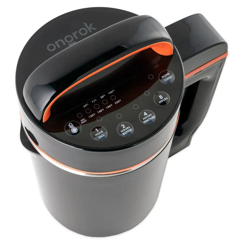 The top of Ongrok's small botanical infuser machine. Showcasing the different buttons and options that the machine features. Temperature buttons, timer buttons, and a self-cleaning and blend button.
