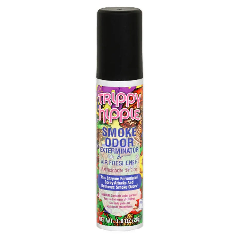 Smoke Odor's 1oz exterminator spray in a Trippy Hippie scent. Silver bottle, black cap. Smoke Odor branded sticker features various psychedelic coloured mushrooms on top of a grass landscape.