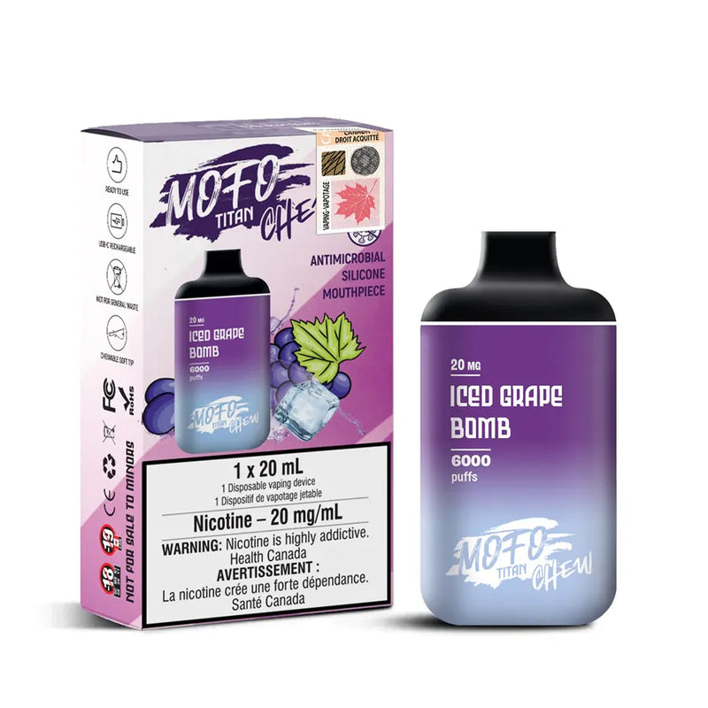 Mofo's Titan Chew disposable vaporizer. A slim square looking vaporizer with a antimicrobial silicone mouthpiece. In a Iced Grape Bomb flavour. The display box next to it shows the retail packaging. 1 x 20mL vaporizer. Nicotine level of 20mg/ml.