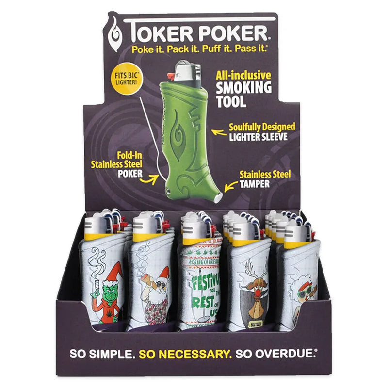 A display box of 25 Toker Poker's with various holiday designs printed on them. A graphic on the display box explains what Toker Pokers do and how they work.