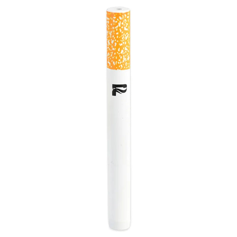 A picture showcasing Pulsar's 3 inch metal cigarette taster bats. A one-hitter pipe in the shape of a cigarette. Pulsar's logo is on the bat right after the filter.