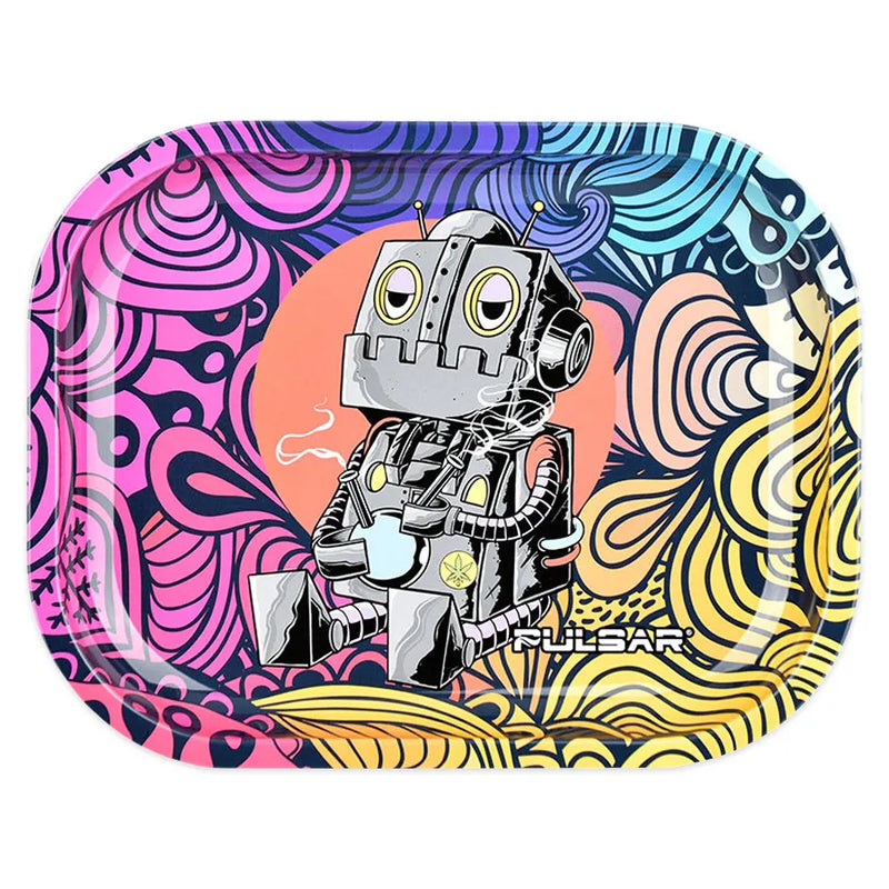 Pulsar's DopeBot metal rolling tray. The artwork depicts a relaxed robot who is down to share his pipe.
