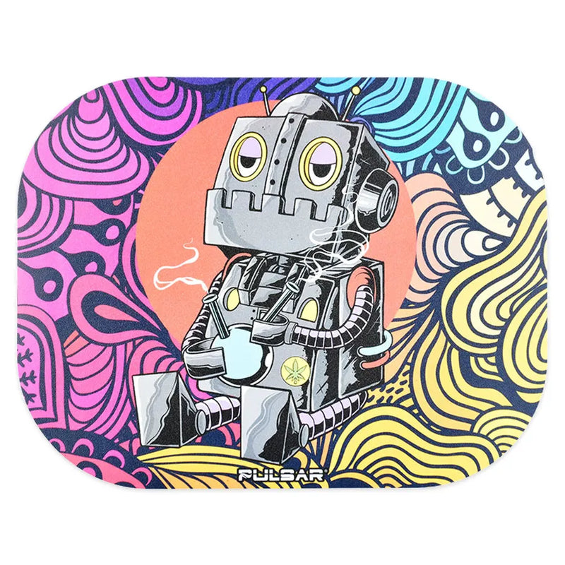 Pulsar's DopeBot metal rolling tray's magnetic lid. The artwork depicts a relaxed robot who is down to share his pipe.