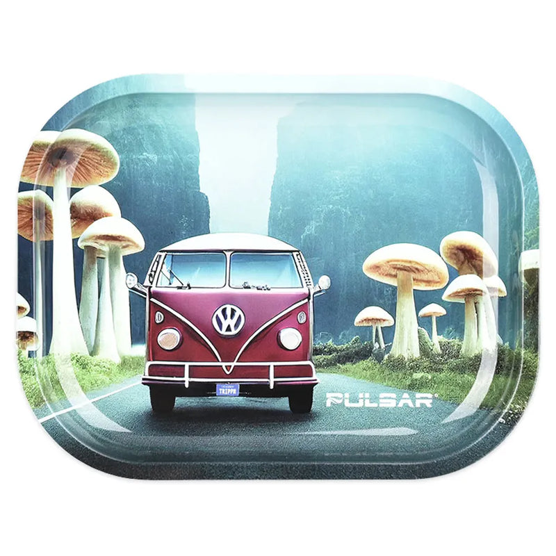 Pulsar's Camper Van Shroom Trip Metal Rolling Tray. The artwork depicts an old school bus travelling through a grand valley of mushrooms.