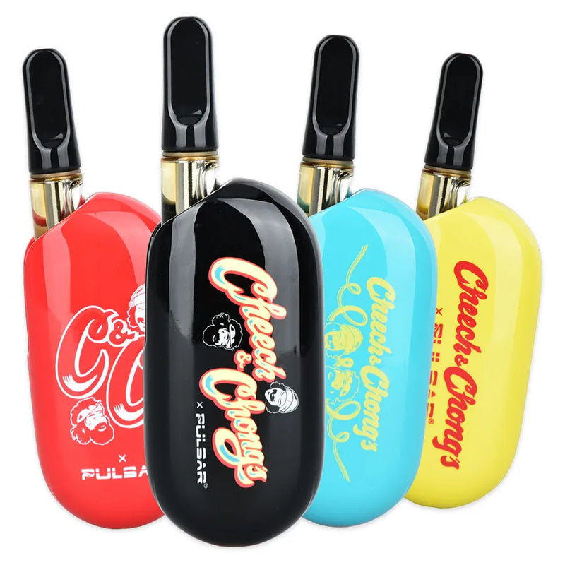 Cheech & Chong's and Pulsar collaboration for the Obi Auto-Draw 650mAh battery. Fanned out with a 510 thread cartridge inserted. Showcasing all 4 colours, Black, Blue, Red, and Yellow.