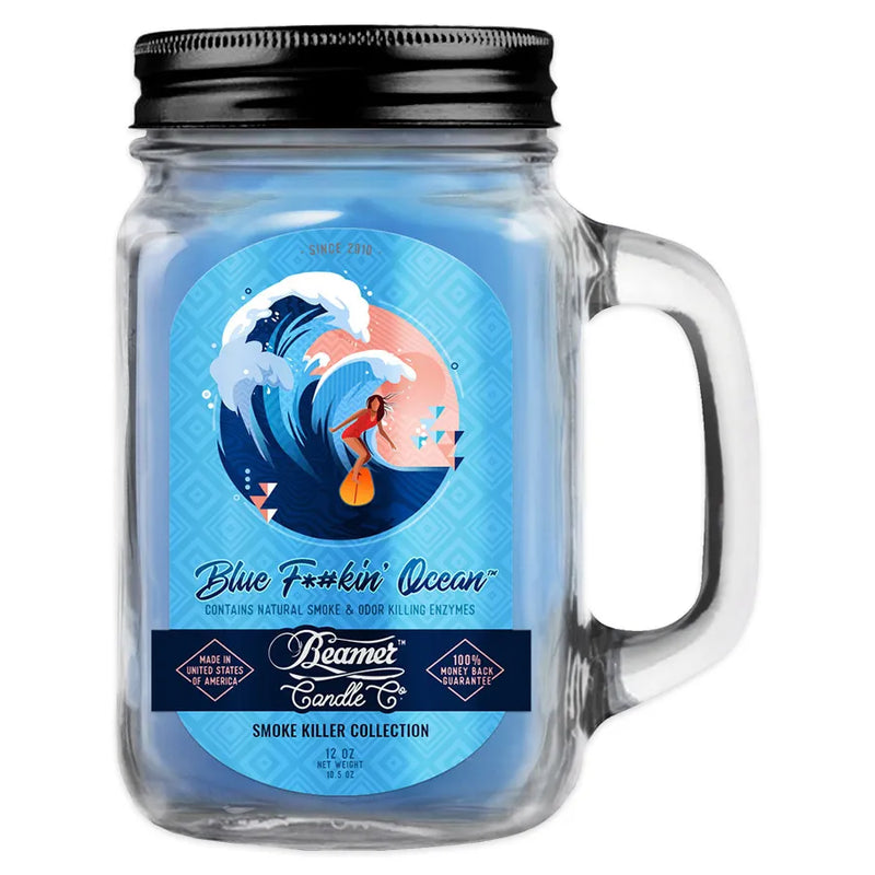 Beamer 12oz glass mason jar candle. Blue Fucking Ocean scent. Blue wax, glass mason jar, black metal lid, Beamer Candle branded sticker with a surfer riding a wave.