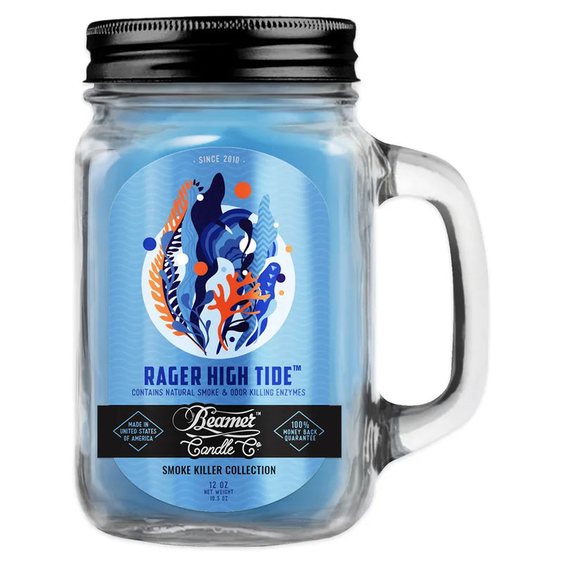 Beamer Candle co 12oz candle in the Rager High Tide scent. Blue wax, reusable glass mason jar with metal lid. Beamer branded sticker featuring blue ocean reefs.