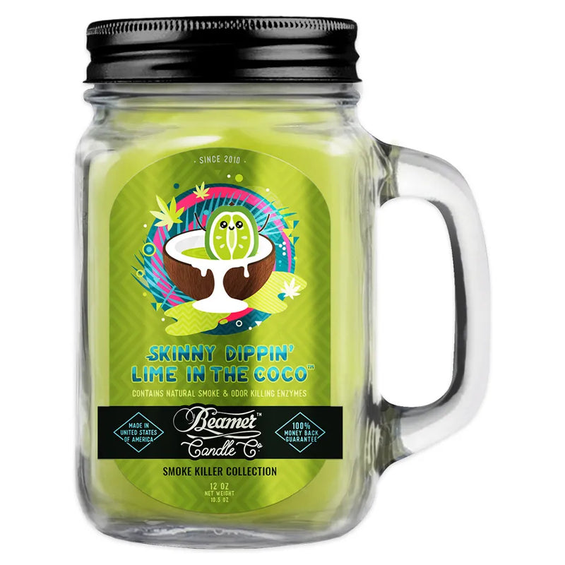 Beamer Candle co's 12oz candle in the Skinny Dippin' Lime in the Coco scent. Green wax, reusable glass mason jar with metal lid. Beamer branded sticker with a lime sitting in a coconut taking a bath.
