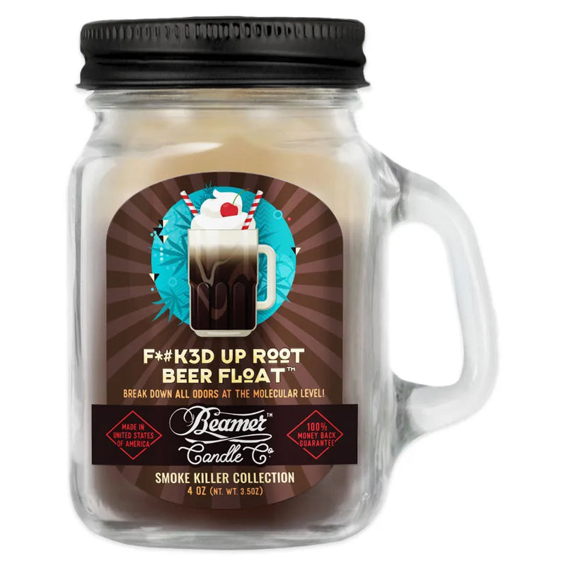 Beamer Candle Co's 4oz candle in the Fucked Up Root Beer scent. Light brown wax, reusable glass mason jar with a metal lid. The Beamer branded sticker features a delicious looking root beer float.