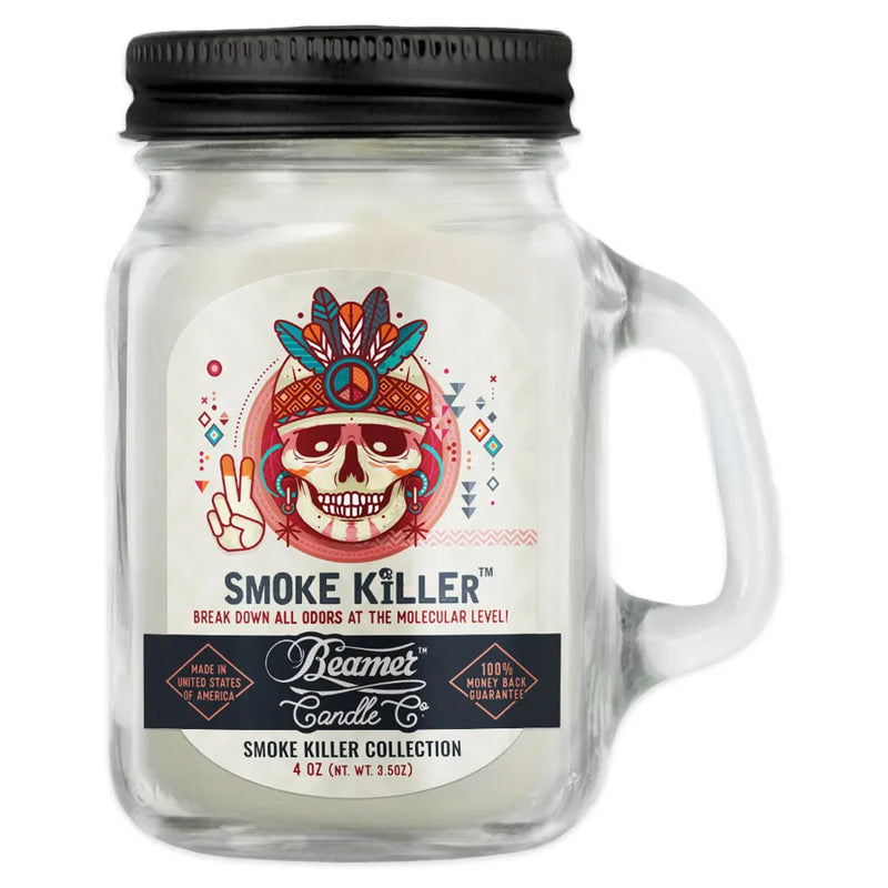 Beamer Candle Co's 4oz candle in the Smoke Killer scent. Light gray wax, reusable glass mason jar with metal lid. The Beamer branded sticker features a skull wearing a feathered head-dress holding up the peace sign.