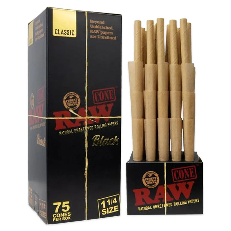 RAW - Black - Pre-Rolled Cones - 1.25" - Box of 75