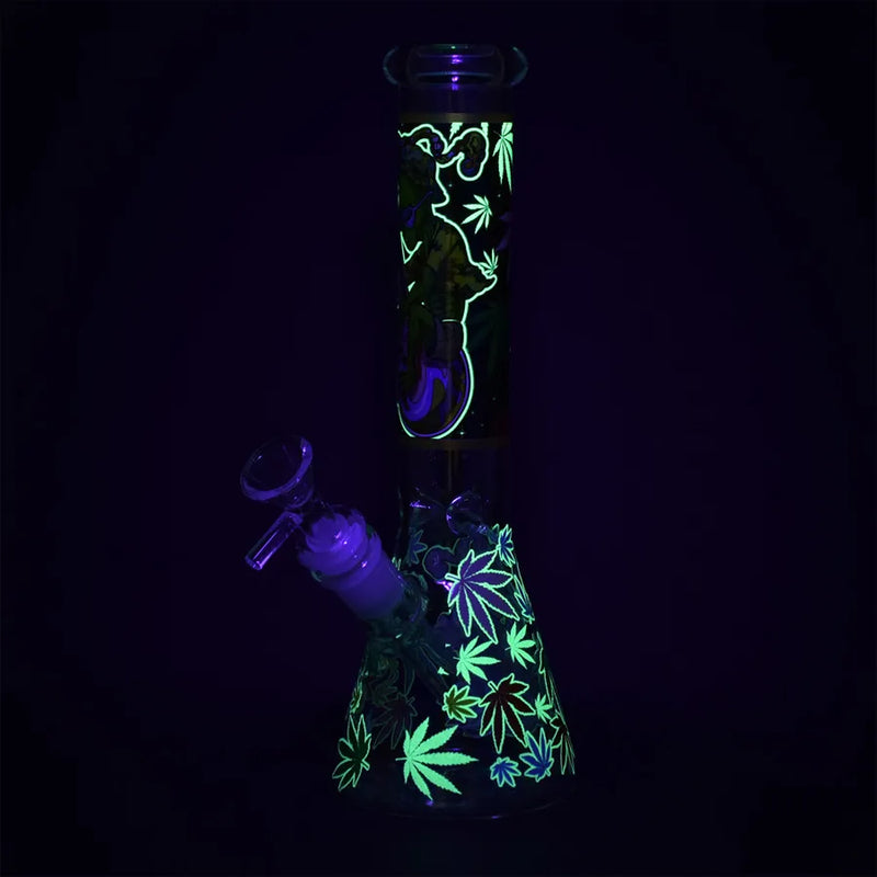 Aliens And Hemp Leaves - Glow Glass Beaker Water Pipe - 10"