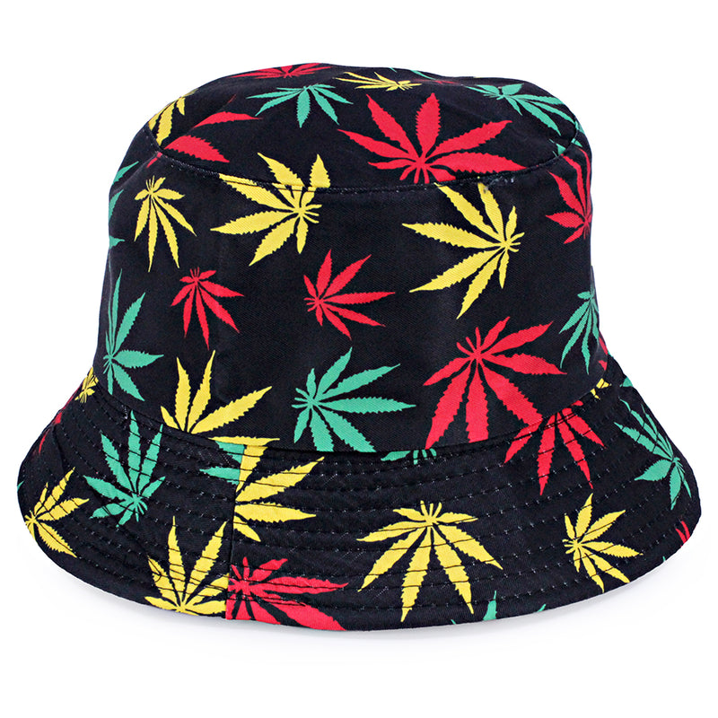 Bucket Hat w/ Hemp Leaf Print - Black & Rasta